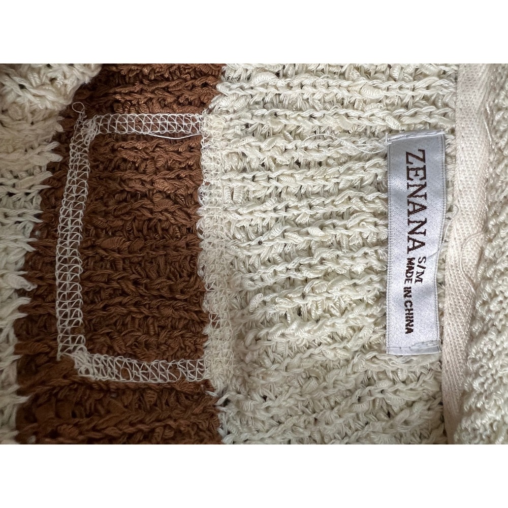 Zenana Striped Loose Knit V-Neck Sweater Brown Cream Short Sleeve S/M - Picture 7 of 11